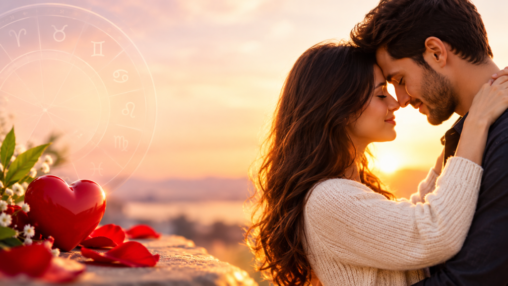 Love back specialist image featuring a couple embracing at sunset with a red heart, symbolising love, romance, and relationship guidance.